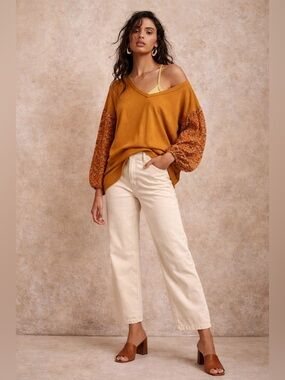 Anthropologie Puff Sleeve Floral Blouse V-Neck Top XS Mustard Annette Oversized